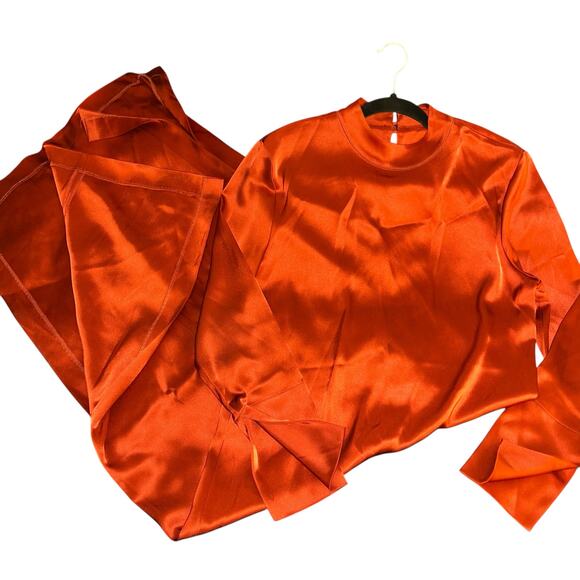 Nanushka Rust Red Satin Midi Dress Long Sleeve Mock Neck Minimalist Size M - Picture 8 of 12